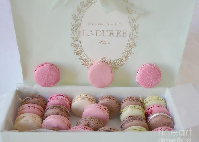 Paris Greeting Card featuring the photograph Paris Laduree Pastel Macarons - Paris Laduree Box - Paris Dreamy Pink Macarons - Laduree Macarons by Kathy Fornal