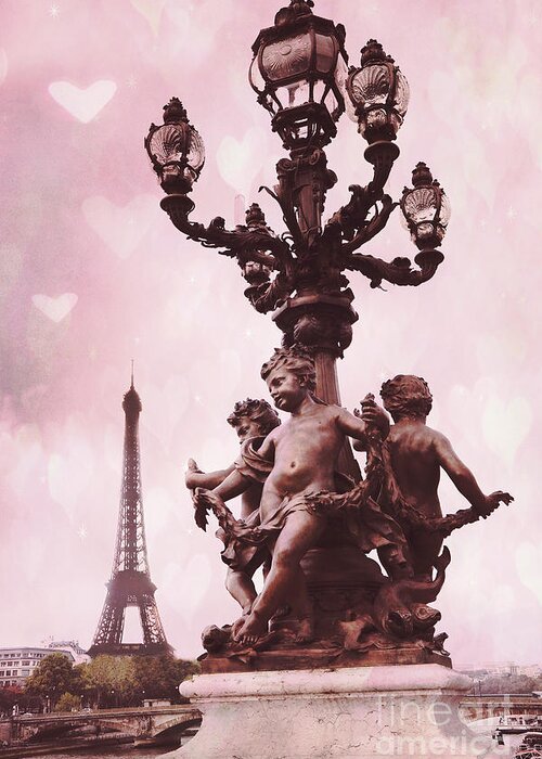 Pont Alexandre Iii Bridge Greeting Card featuring the photograph Paris Pont Alexandre Bridge III - Romantic Pink Eiffel Tower Valentine Hearts Cherubs and Lantern by Kathy Fornal