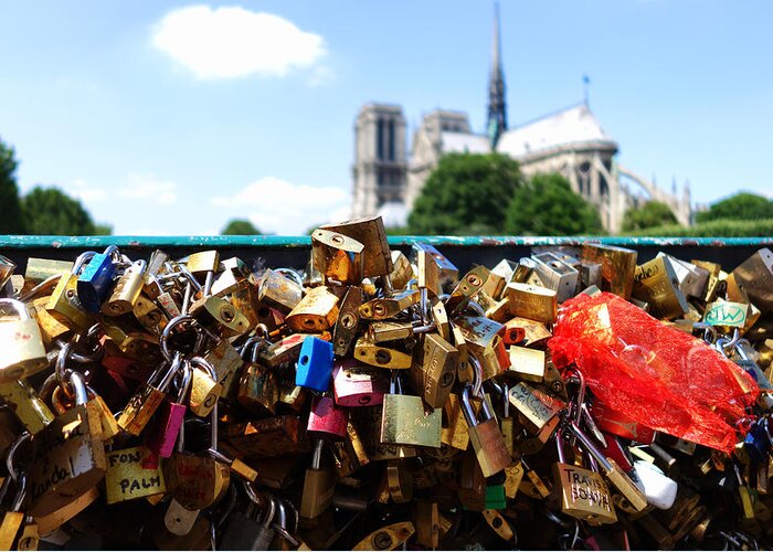 Paris Greeting Card featuring the photograph Paris pont des arts Love Locks with Notre Dame in the background by Toby McGuire
