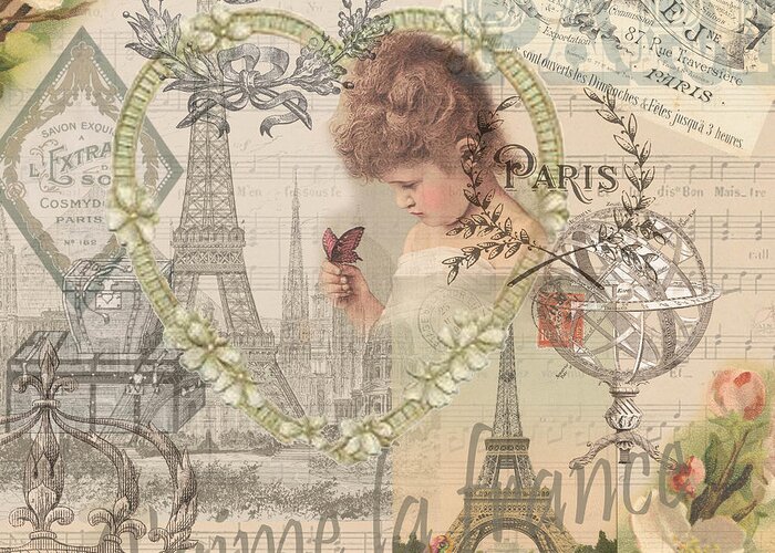 Doodlefly Greeting Card featuring the digital art Paris Vintage Collage with Child by Mary Hubley