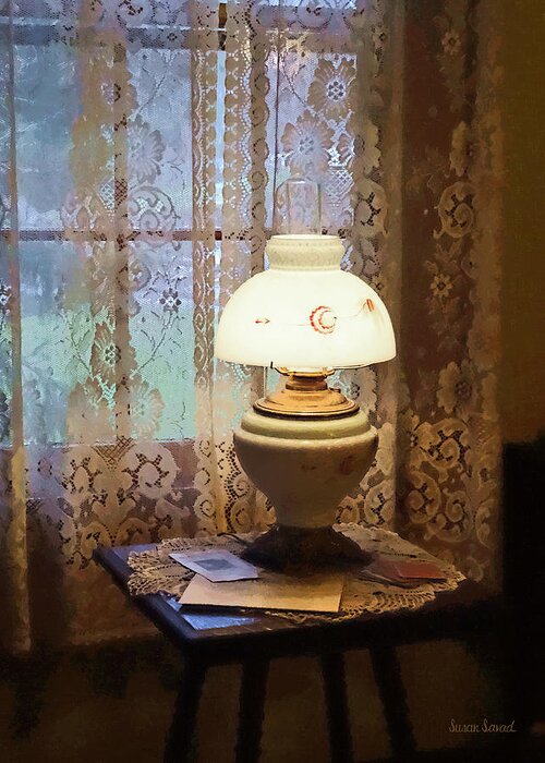 Lamp Greeting Card featuring the photograph Parlor With Hurricane Lamp by Susan Savad
