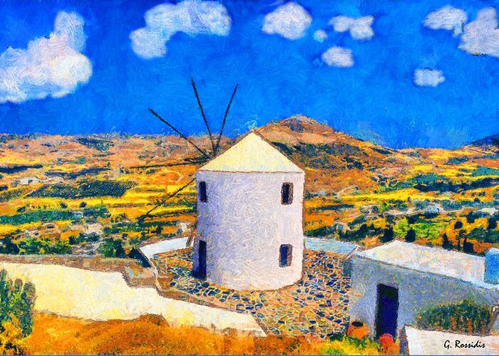 G.rossidis Greeting Card featuring the painting Paros windmill by George Rossidis