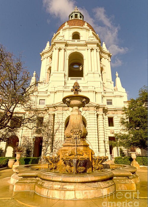 Pasadena Greeting Card featuring the photograph Pasadena City Hall's Dome and Courtyard Fountain 01 by Mary Jane Armstrong
