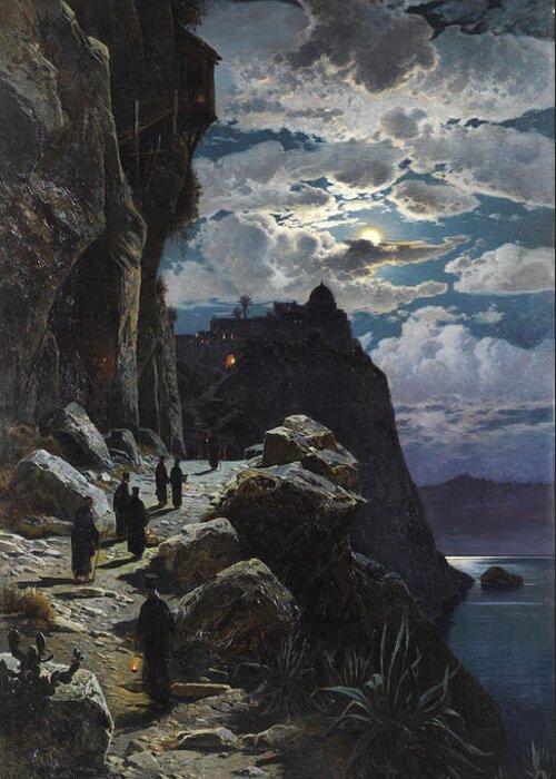 Hermann Corrodi Greeting Card featuring the painting Passage of the monks to Mount Athos monastery by Celestial Images