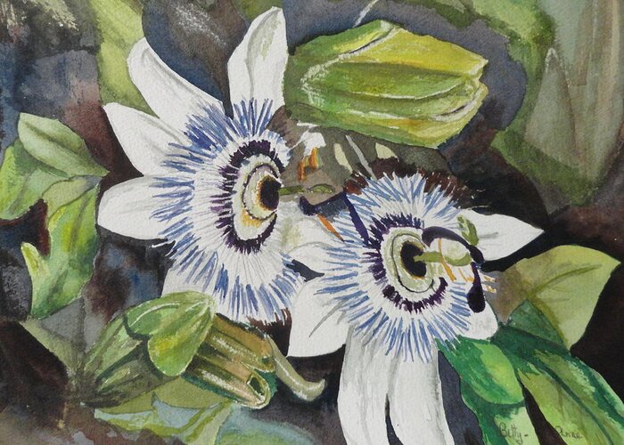 Blue Crown Passion Flower Greeting Card featuring the painting Passiflora Cerulia by Betty-Anne McDonald