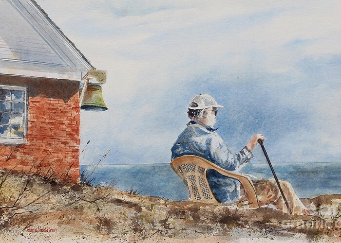 A Gentleman Looks To Sea At The Pemaquid Point Lighthouse On Mid-coast Maine.  Greeting Card featuring the painting Passing Time by Monte Toon