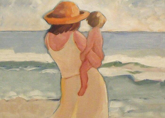 Beach Greeting Card featuring the painting Pastel Morning Beach Pastel Morning Mother and baby by Mary Hubley