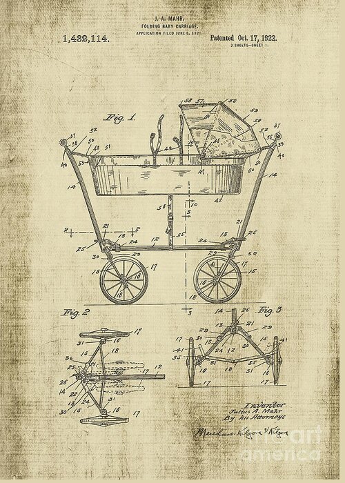 1922 Greeting Card featuring the digital art Patent Art Baby Carriage 1922 Yellow by Lesa Fine