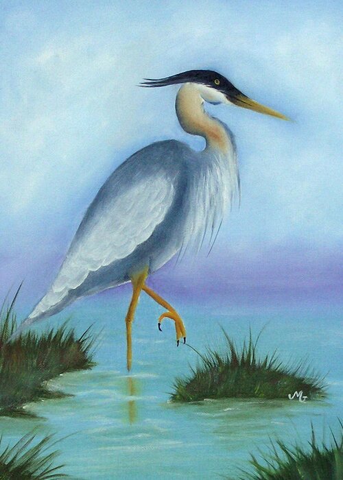Bird Greeting Card featuring the painting Patience Blue Heron by Mary Gaines