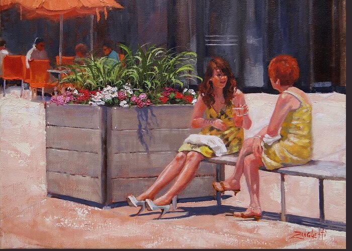 Pretty Girls Greeting Card featuring the painting Patriot Place Sunning by Laura Lee Zanghetti