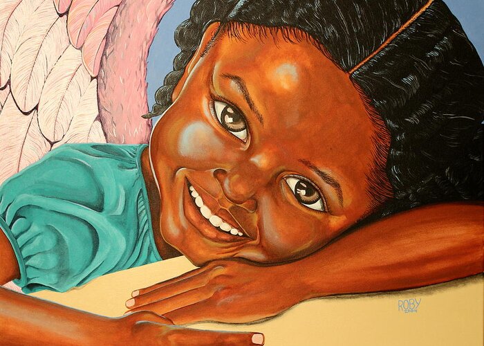 African American Female Child Depicted As An Angel. Greeting Card featuring the painting Peace by William Roby
