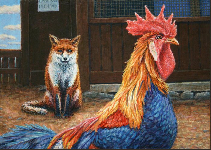 Rooster Greeting Card featuring the painting Peaceful Coexistence by James W Johnson