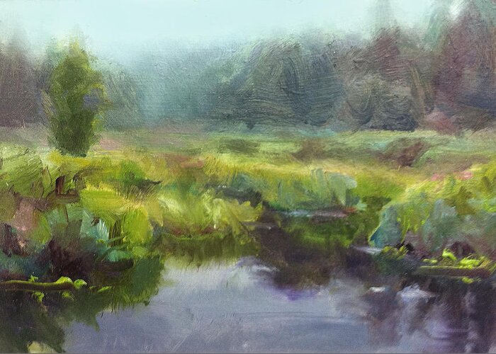 Landscape Greeting Card featuring the painting Peaceful Waters Impressionistic Landscape by K Whitworth