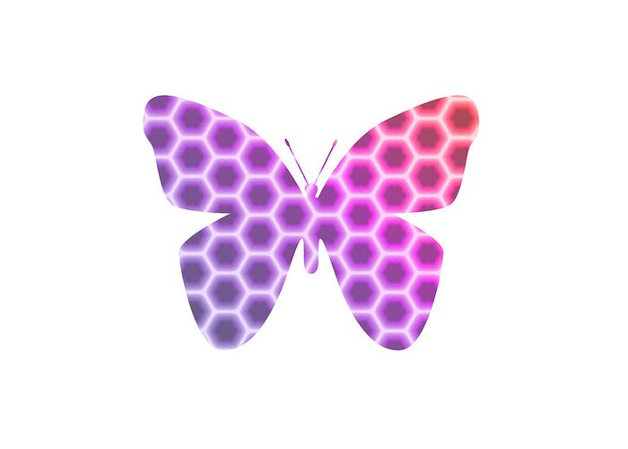 Butterfly Greeting Card featuring the digital art Peach Pink Purple Butterfly in Hexagonal Pattern II by Shelley Neff