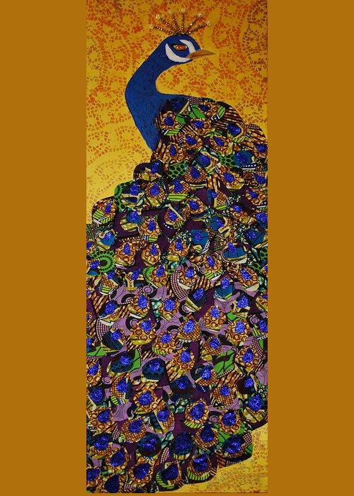 Peacock Greeting Card featuring the tapestry - textile Peacock Blue by Apanaki Temitayo M