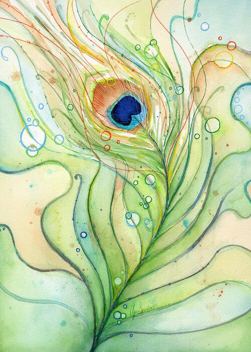 Peacock Greeting Card featuring the painting Peacock Feather Watercolor by Olga Shvartsur