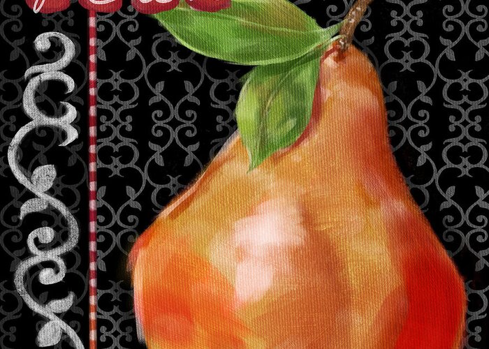 Black Greeting Card featuring the mixed media Pear on Black and White by Shari Warren
