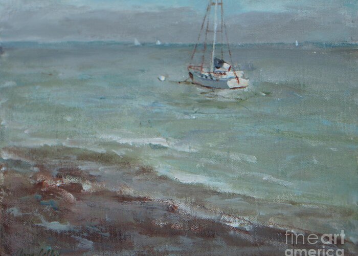 Painting Greeting Card featuring the painting Pebbly Beach Sail Boat by Joan Coffey