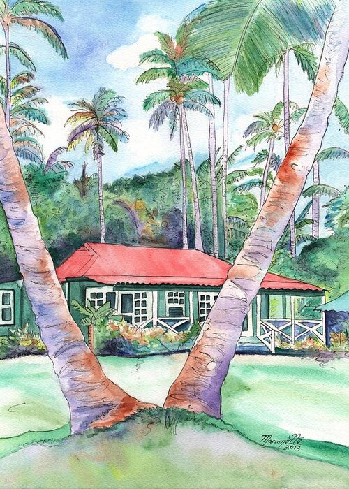 Plantation Cottage Greeting Card featuring the painting Peeking Between the Palm Trees 2 by Marionette Taboniar
