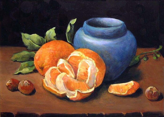 Classical Realism Still Life Greeting Card featuring the painting Peeled Orange by Donna Tucker