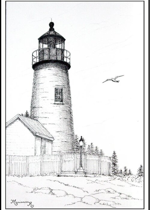 Lighthouse Greeting Card featuring the drawing Pemaquid Point Lighthouse by Mariarosa Rockefeller