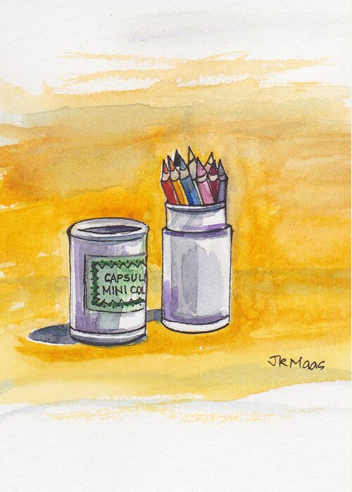 Cardboard Container Of Colored Pencils Greeting Card featuring the painting Pencils At The Ready by Julie Maas