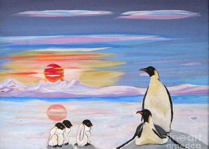 Male Peinguin Greeting Card featuring the painting Penguin Family by Phyllis Kaltenbach