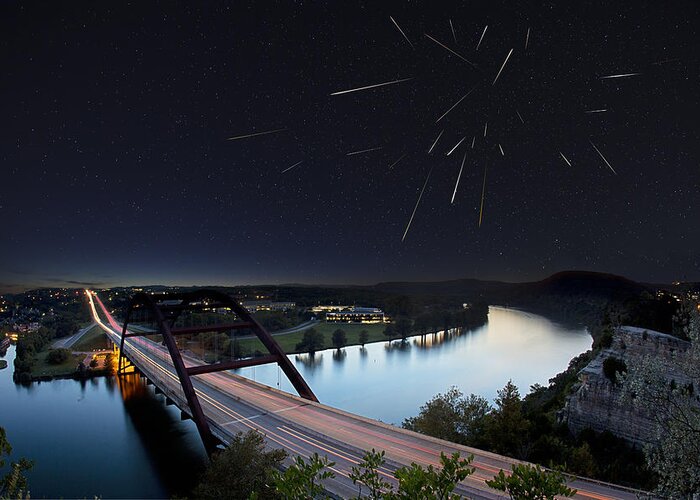 Austin Texas Photos Greeting Card featuring the photograph Pennybacker Bridge Austin Texas - Night of the Meteors by Rob Greebon