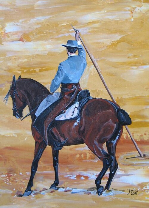 Horse Original Painting Greeting Card featuring the painting Pepe con garrocha by Janina Suuronen