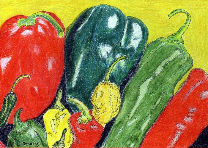 Fruit Greeting Card featuring the painting Peppers by Linda Feinberg