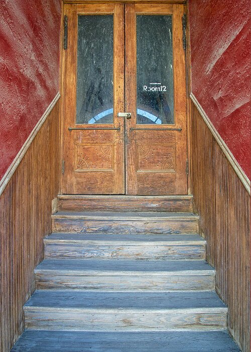 Door Greeting Card featuring the photograph Perspective In a Stairwell to Room 12 by Mary Lee Dereske