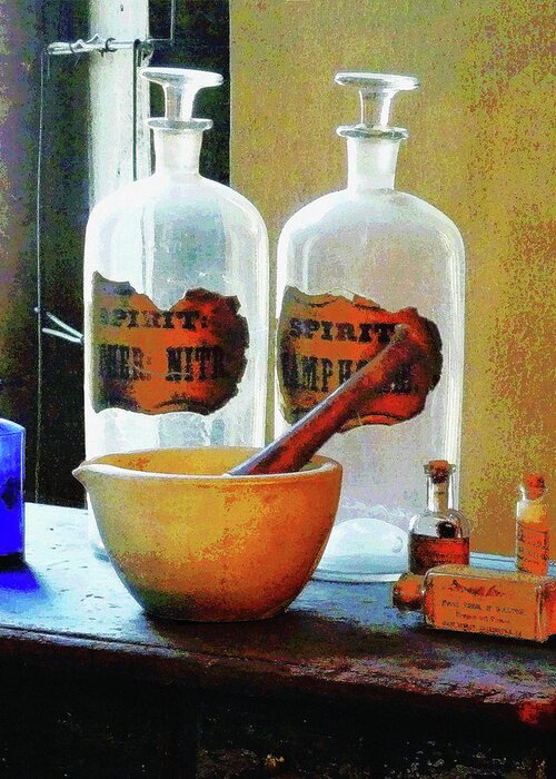 Druggist Greeting Card featuring the photograph Pharmacist - Mortar and Pestle With Bottles by Susan Savad
