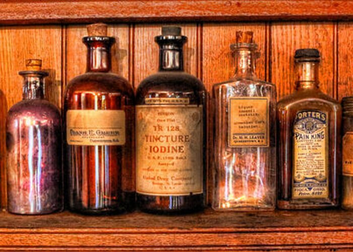 Alchemist Greeting Card featuring the photograph Pharmacy - Medicine Bottles II by Lee Dos Santos