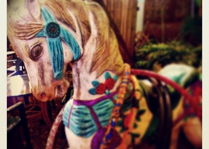 Wooden Carousel Horse Greeting Card featuring the photograph Blue Heaven Carousel Horse by Dani Hoy