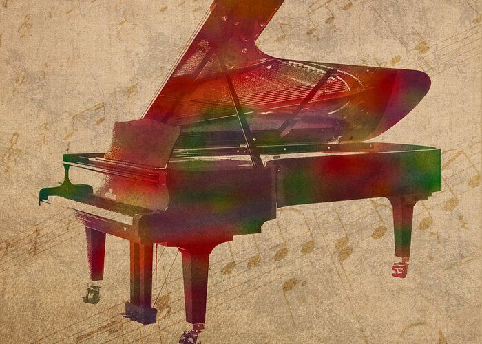 Piano Greeting Card featuring the mixed media Piano Instrument Watercolor Portrait With Sheet Music Background On Worn Canvas by Design Turnpike