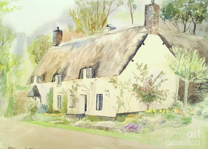 Dunster Greeting Card featuring the painting Picturesque Dunster Cottage by Martin Howard