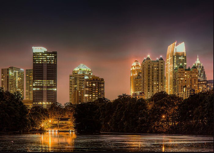 Night Greeting Card featuring the photograph Piedmont Park lake by Anna Rumiantseva