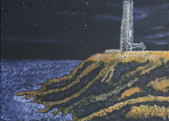 Ocean Greeting Card featuring the painting Pigeon Lighthouse Night Scumbling Complementary Colors by Ian Donley