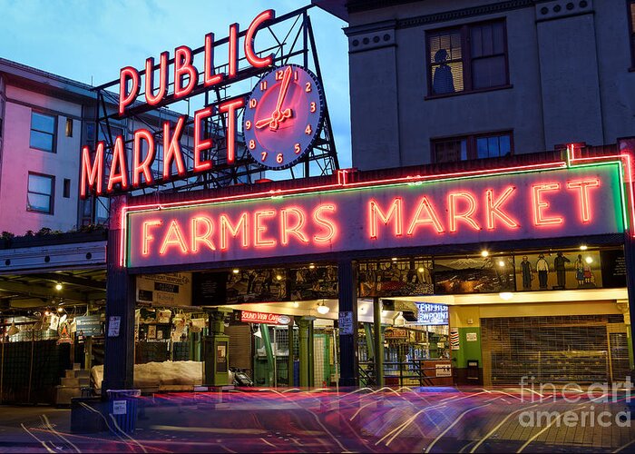 Pike Place Market Greeting Card featuring the photograph Pike Place Market at Dusk - Seattle Washington by Silvio Ligutti