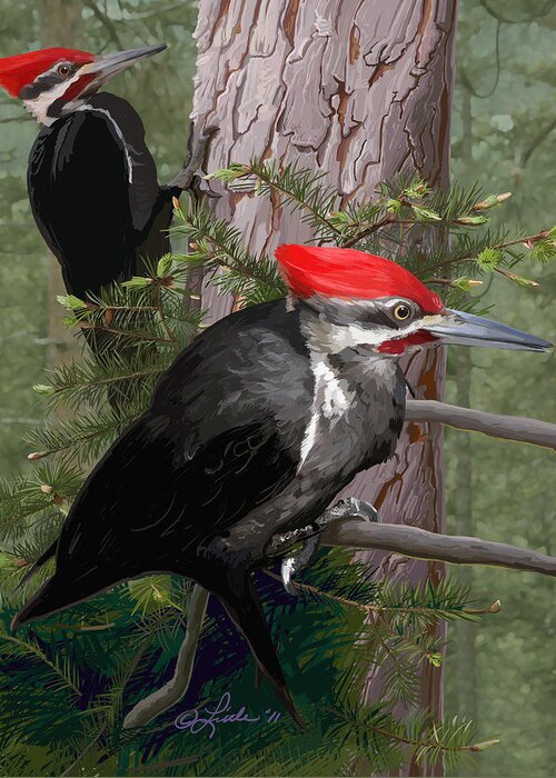 Birds Greeting Card featuring the painting Pileated Woodpeckers by Pam Little