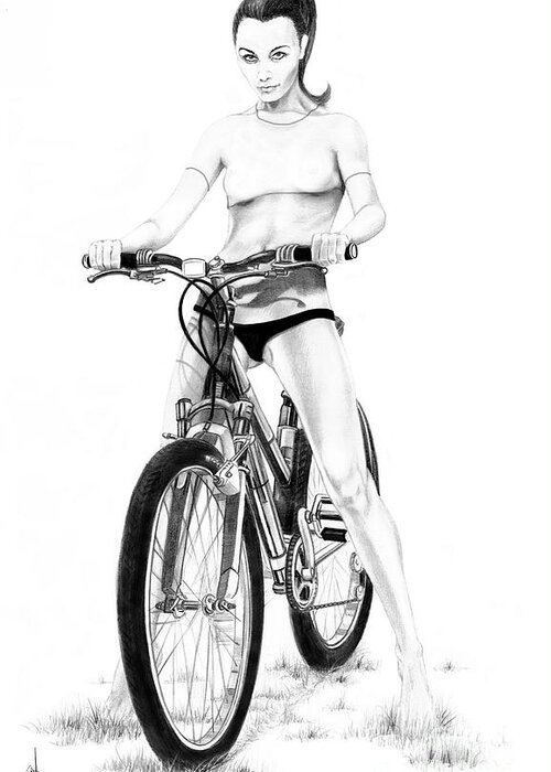 Pencil Greeting Card featuring the drawing Pin up Bicycle Girl by Murphy Elliott