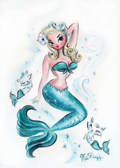 Mermaid Greeting Card featuring the painting Pin Up Mermaid with Mermaid Kitties by Miss Fluff Claudette Barjoud