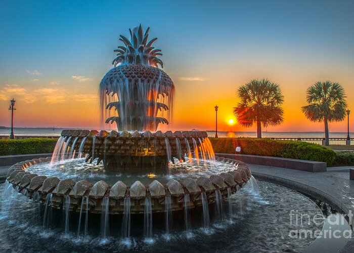 Pineapple Fountain Greeting Card featuring the photograph Charleston Pineapple Sunrise by Dale Powell