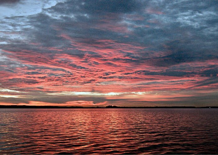 Sunrise Greeting Card featuring the photograph Pink and Grey at Sea - Sunrise Panorama by Geoff Childs