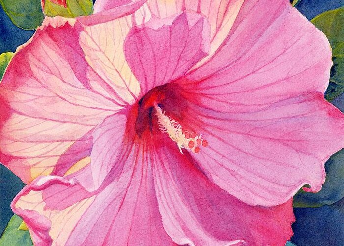 Pink Flower Greeting Card featuring the painting Pink Hibiscus by Brenda Beck Fisher