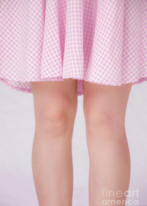 Caucasian; Female; Young; Girl; Cute; Beautiful; Lovely; Thin; Dress; Sundress; Pink; High Key; Cropped; Bright; Knees; Legs; Skirt; Checkered; Checked Greeting Card featuring the photograph Pink by Margie Hurwich