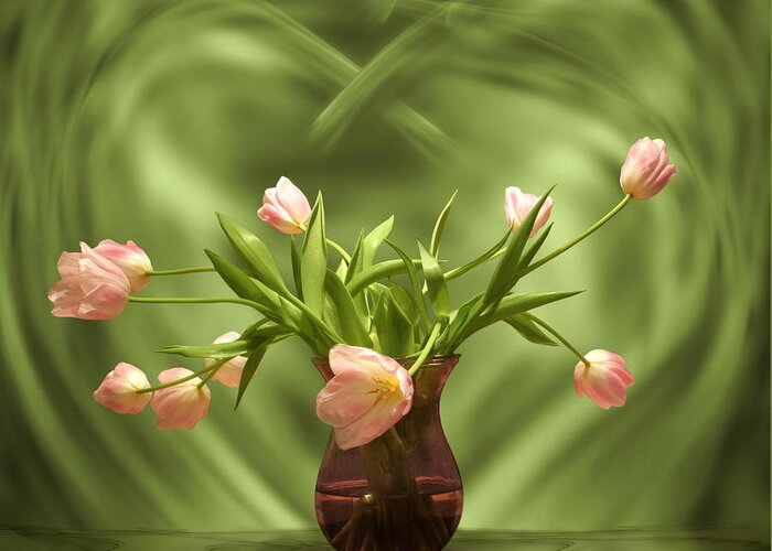 Tulip Greeting Card featuring the digital art Pink tulips in green room by Johnny Hildingsson
