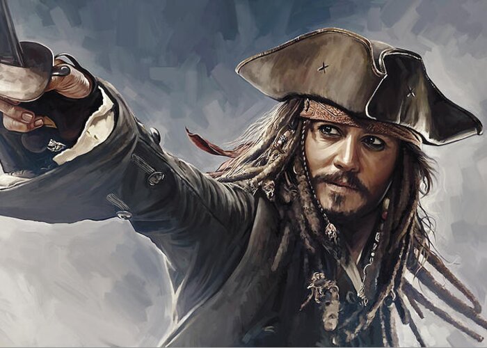 Pirates Of The Caribbean Paintings Greeting Card featuring the painting Pirates of the Caribbean Johnny Depp Artwork 2 by Sheraz A