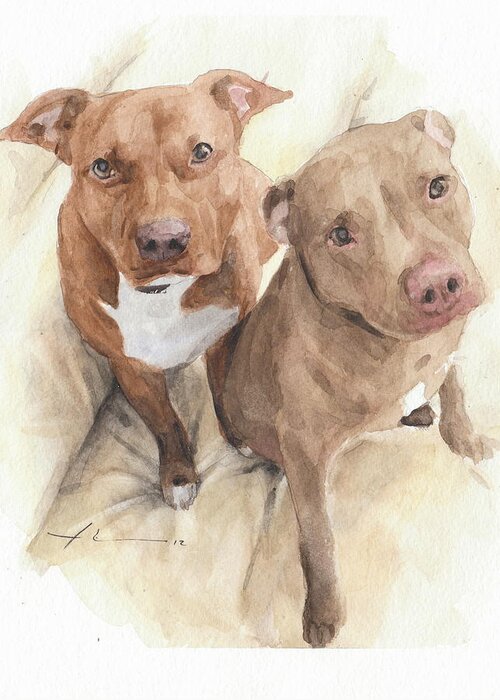 Www.miketheuer.com Pitbulls Watercolor Portrait Greeting Card featuring the drawing Pitbulls Watercolor Portrait by Mike Theuer