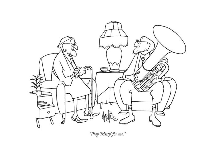 

 Old Woman To Man With Tuba Greeting Card featuring the drawing Play 'misty' For Me by George Price